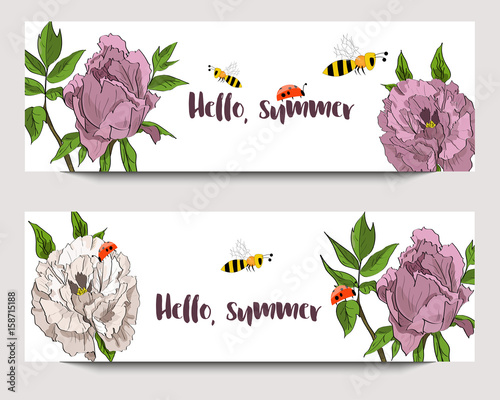 Hand drawn banners with white and rosy peonies, funny bees and ladybirds. Sketch style. Hello, summer.