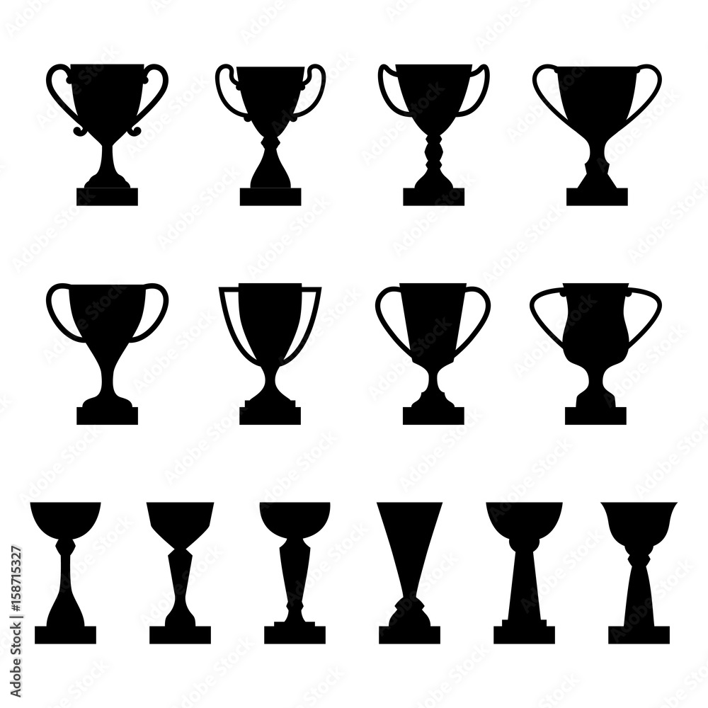 Set of silhouettes of award cups and trophies, vector illustration Set of silhouettes of award cups and trophies, vector illustration