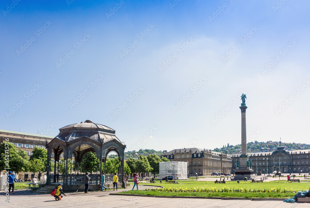 Obraz premium STUTTGART, GERMANY - April 12, 2017 : Tourists foot Street in Stuttgart, its metropolitan area are consistently ranked among the top 20 European metropolitan areas by GDP.