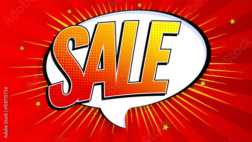 Sale pop art splash background, explosion in comics book style. Advertising signboard, price reduction, sale with halftone dots, cloud beams light on red backdrop. Vector for ad, covers, posters.