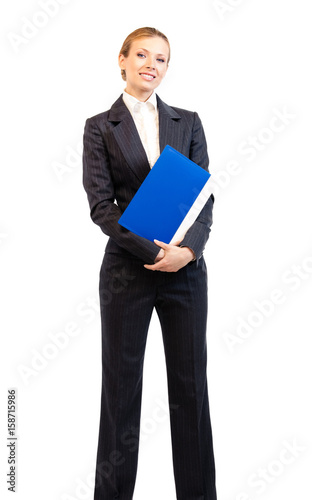 Full body of businesswoman with folder, on white