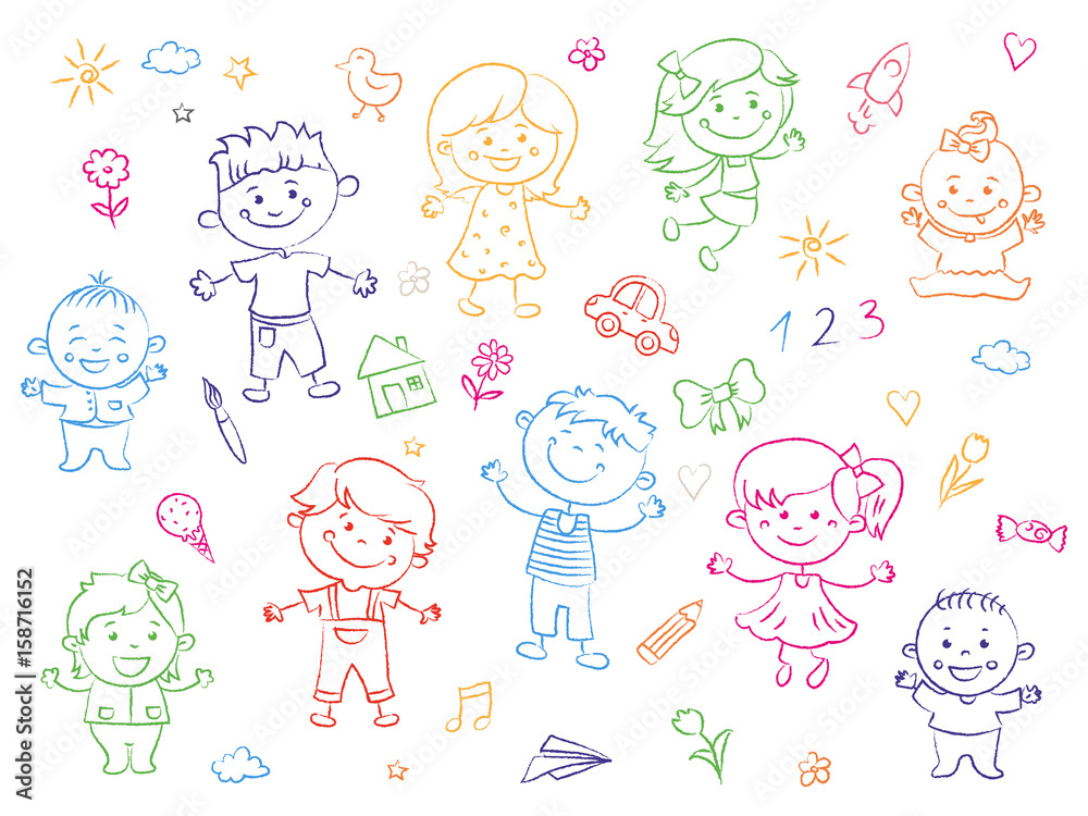Cheerful children standing together, drawings, paintings. Girls and boys are on the white background in the linear design. Vector illustration Cheerful children standing together, drawings, paintings. Girls and boys are on the white background in the linear design. Vector illustration