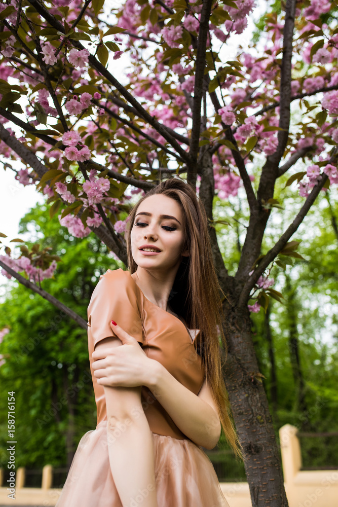 Happy travel woman look map and smile with sakura cherry blossoms tree on vacation while spring, Happy travel woman look map and smile with sakura cherry blossoms tree on vacation while spring,