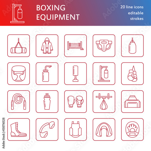 Boxing vector line icons. Punchbag, boxer gloves, ring, heavy bags, punching mitts. Sport training signs set, box championship pictogram with editable stroke for club, equipment store.