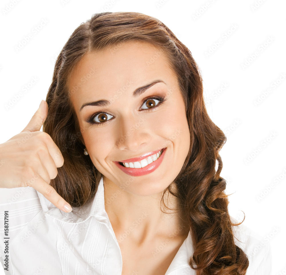 Businesswoman with call me gesture Businesswoman with call me gesture