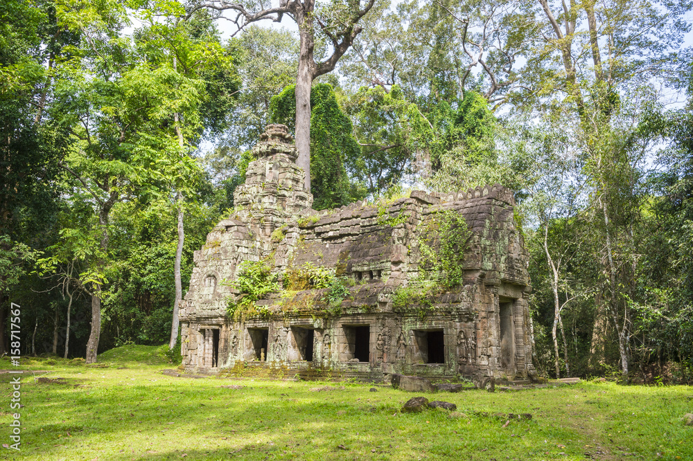 Crumbling temple architecture overtaken by lush green jungle at the Angkor Wat complex in Siem Reap, Cambodia