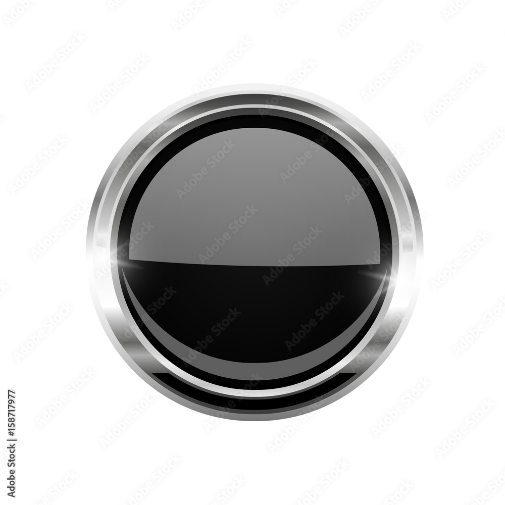 Black shiny round button with chrome frame. Glass web icon Black shiny round button with chrome frame. Glass web icon