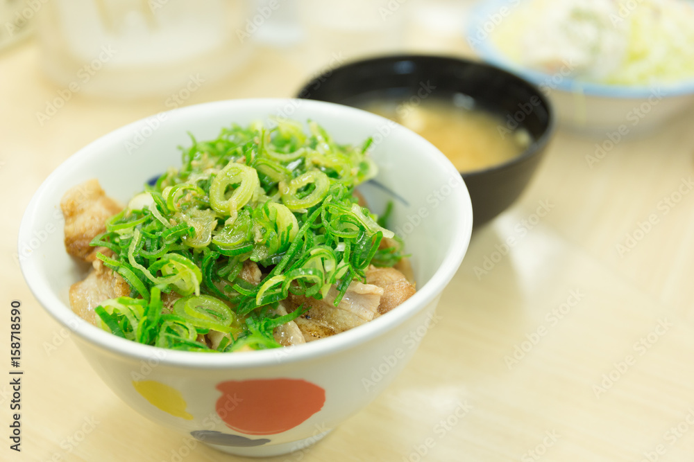 Green onions and grilled pork bowl on wood table Green onions and grilled pork bowl on wood table