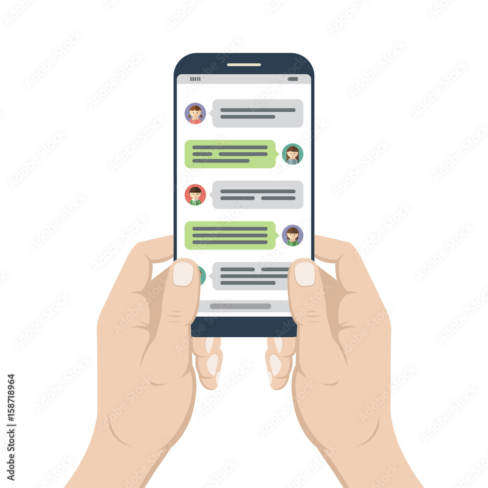 Smartphone in hands with opened messenger app Smartphone in hands with opened messenger app