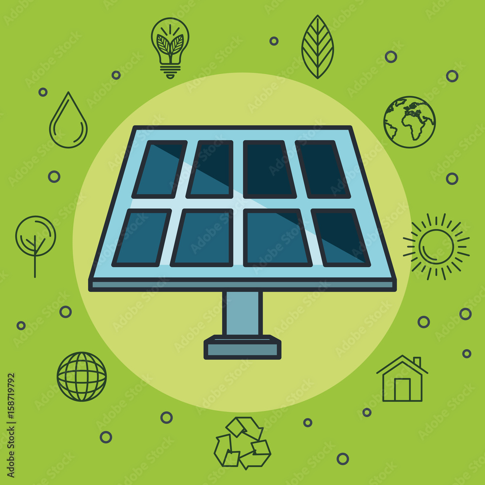 Solar panel icon and hand drawn eco friendly objects over green ...