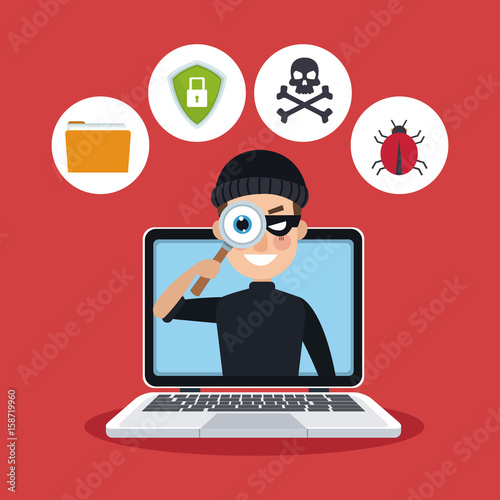 red color background laptop with espionage with hacker vector illustration