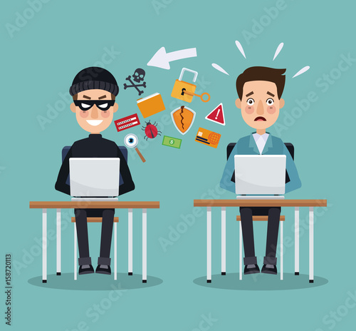 scene color thief hacker and programmer man in desk with laptops preventing attack vector illustration
