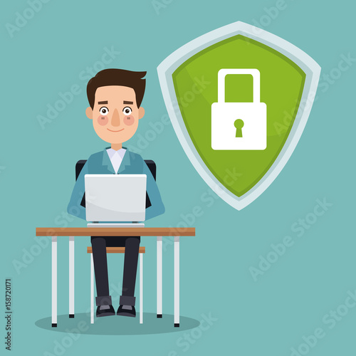 scene color programmer man in desk with laptop working in security shield padlock vector illustration