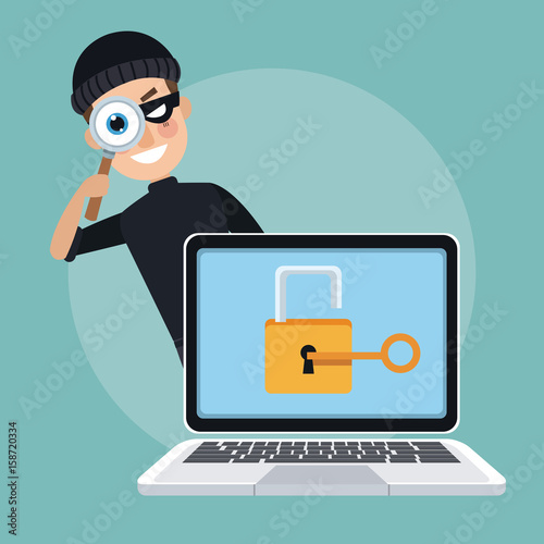 scene color laptop with padlock key and thief man hacker spying with loupe vector illustration