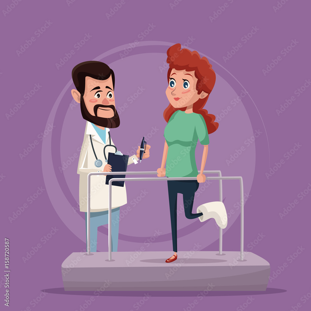 color background with woman in rehabilitation and therapist man vector illustration
