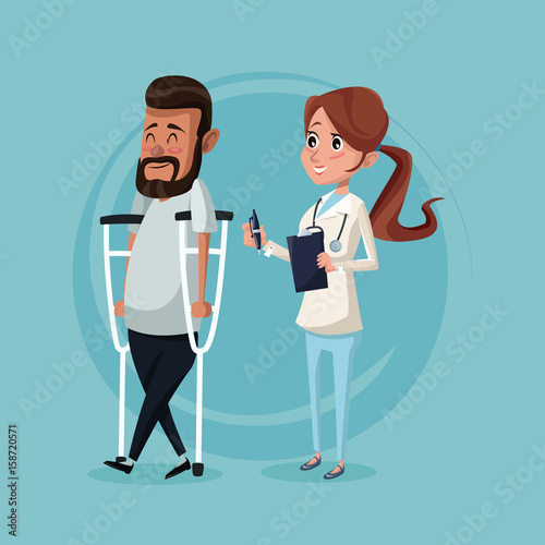 color background with man on crutches and therapist woman vector illustration