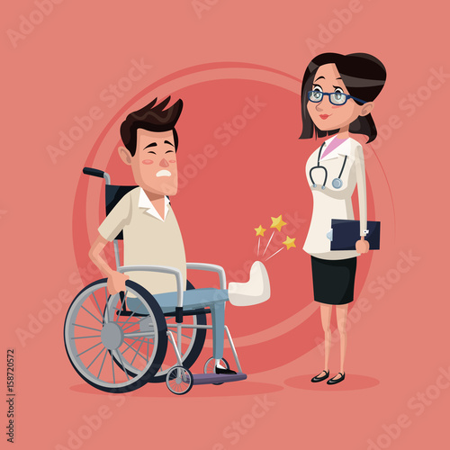 color background with handicapped man in wheelchair and woman specialist doctor vector illustration