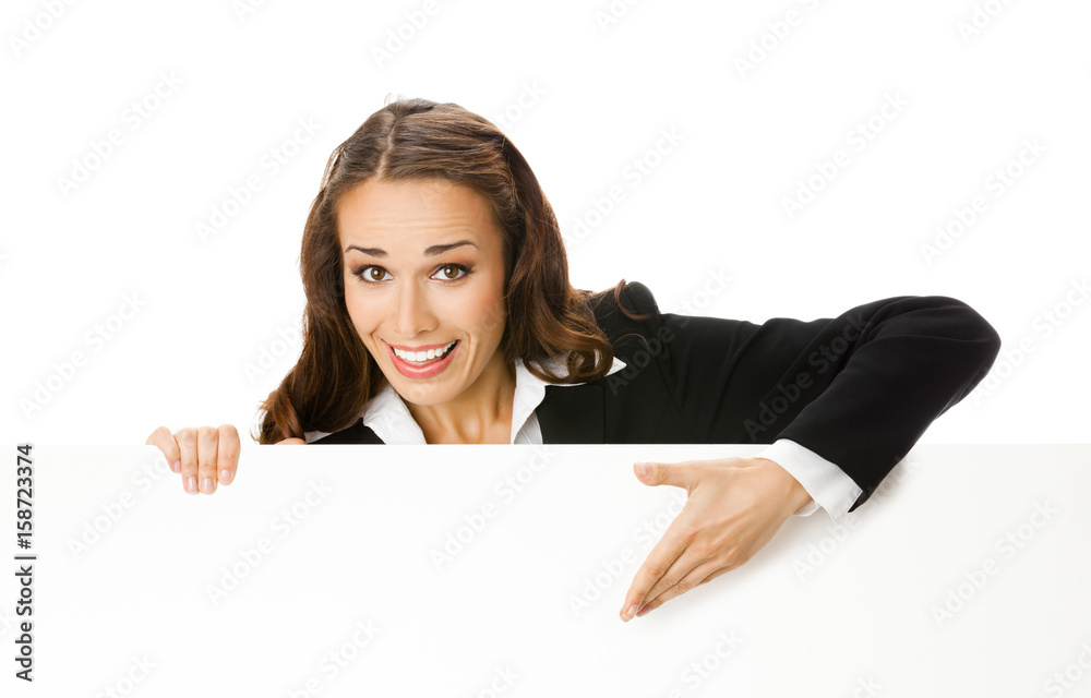 Businesswoman showing blank signboard, isolated Businesswoman showing blank signboard, isolated