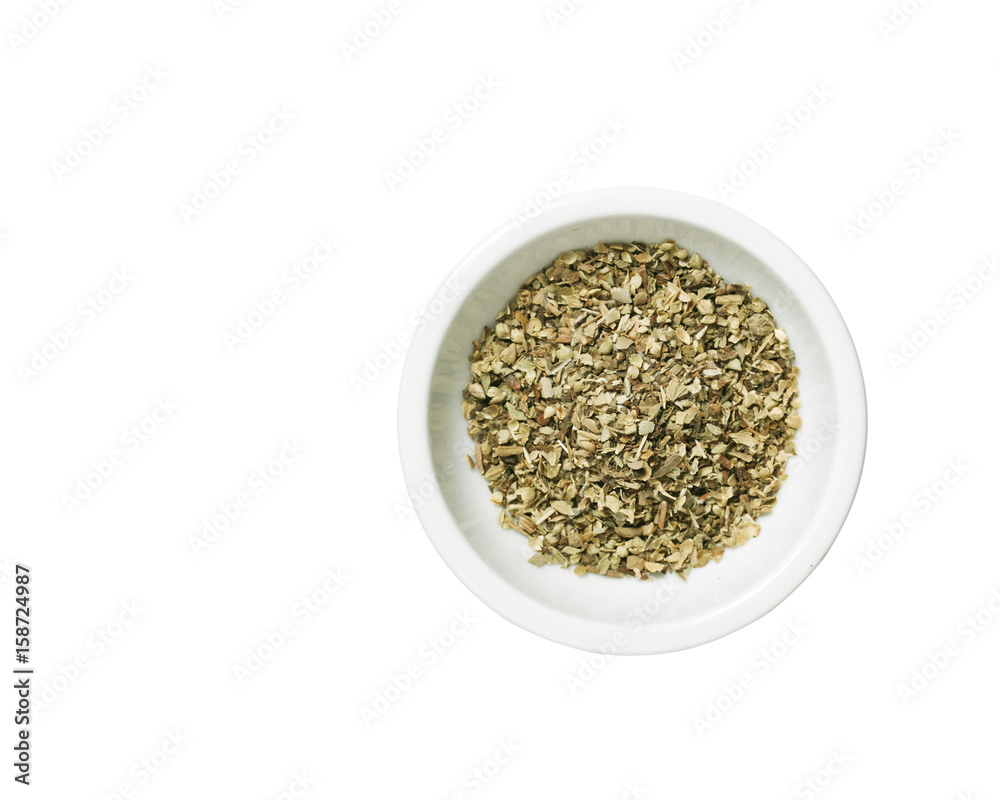 Bowl of dried oregano leaves Bowl of dried oregano leaves