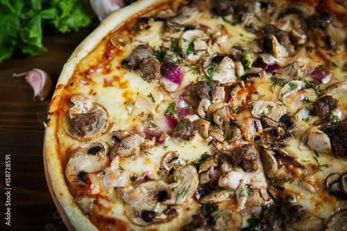 Delicious homemade pizza with mozzarella, mushrooms, beef and chicken.