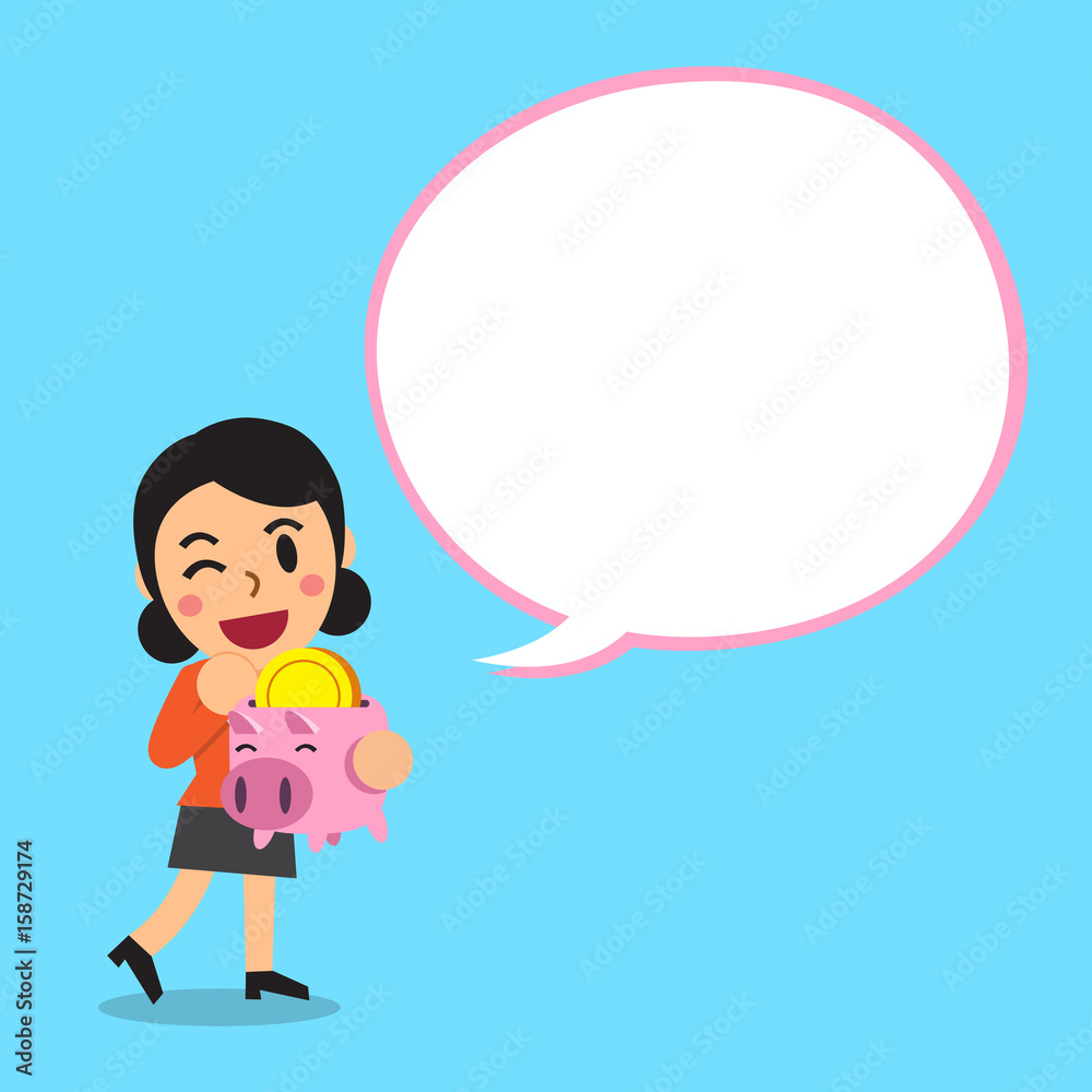 Cartoon businesswoman carrying piggy bank with white speech bubble Cartoon businesswoman carrying piggy bank with white speech bubble