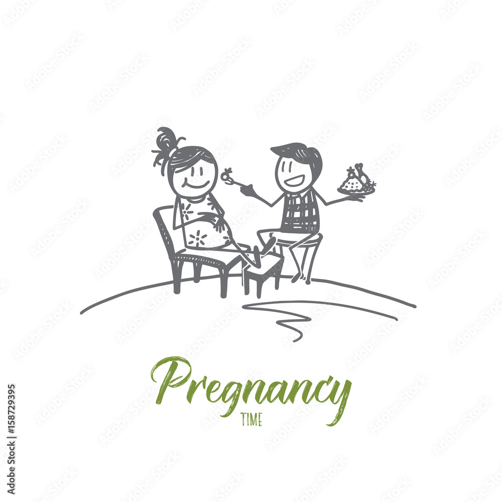 Vector hand drawn Pregnancy time concept sketch. Husbend sitting with his pregnant wife and feeding her with cakes Vector hand drawn Pregnancy time concept sketch. Husbend sitting with his pregnant wife and feeding her with cakes