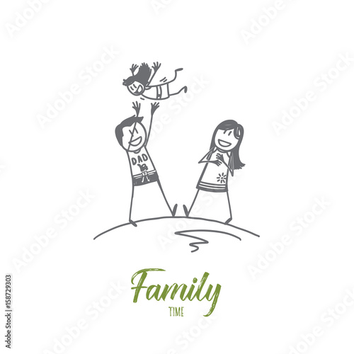 Vector hand drawn family time concept sketch with father and mother playing with their small daughter