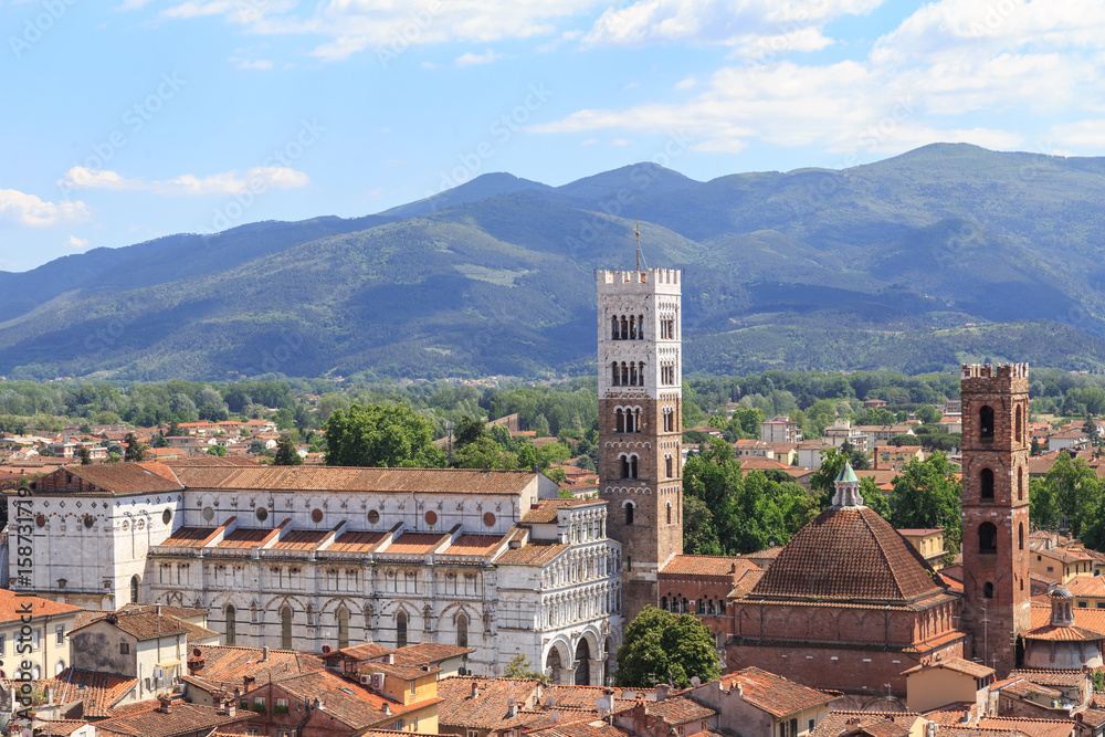 View from Torre delle Ore, a clock-tower in Lucca, Tuscany in direction St. Martin cathedral