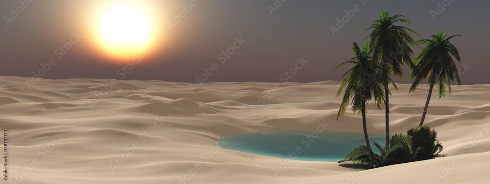 Beautiful oasis in the sandy desert, palm trees near the water, sunset over the sand, 3d rendering
