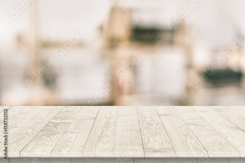 Fitted wooden worktop surface. Empty kitchen wooden table space platform.