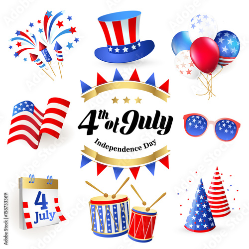 4th July - Independence day of United States of America - festive vector set with different holiday symbols isolated on white background