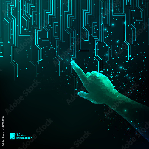 Human hand points to electrical circuit with shine sparks. Digit board of tecnology electron background. Abstract blue light bacdrop. Digital Vector Illustration.