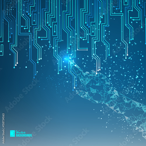 Human hand points to electrical circuit with shine sparks. Digit board of tecnology electron background. Abstract blue light bacdrop. Digital Vector Illustration.