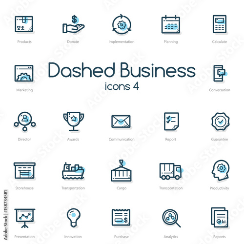 Business line icons set with blue accent isolated on light background.