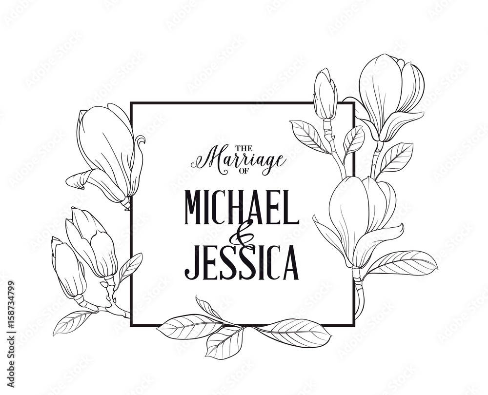 Naklejka premium Marriage invitation card with custom sign and magnolia flower frame over white background. Vector illustration.