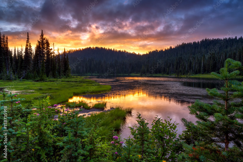 Obraz premium Scenic view of Mount Rainier reflected across the reflection lakes