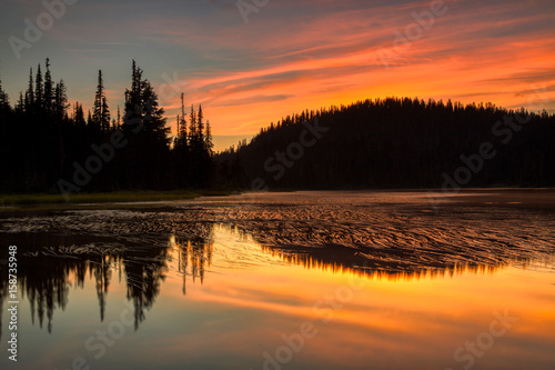 Scenic view of Mount Rainier reflected across the reflection lakes