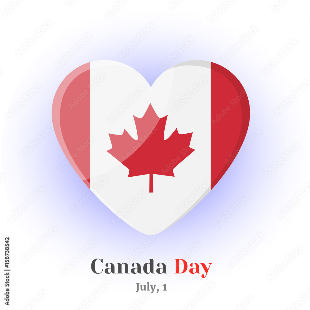 Fototapeta premium Heart Icon with Canada flag and lettering for your design isolated on blue background in cartoon style for Independence Day. Vector illustration. Holiday Collection.