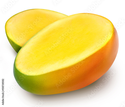 Juicy fresh mango cutted into two slices isolated on a white background. Ripe tropical fruit with antioxidant effect.
