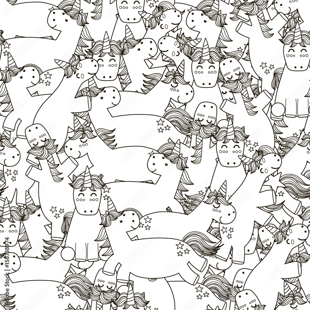 Doodle unicorns seamless pattern. Black and white fantasy background. Great for coloring book, wrapping, printing, fabric and textile. Vector illustration