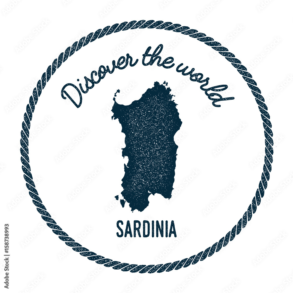 Fototapeta premium Sardinia map in vintage discover the world insignia. Hipster style nautical postage stamp, with round rope border. Vector illustration.