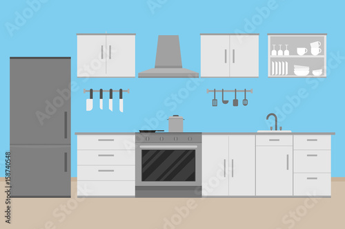 interior kitchen room design with kitchenware.vector and illustration