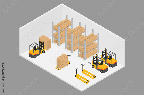 Logistics.3D Isometric inside warehouse with forklift and hand lift.Stacking on the shelf