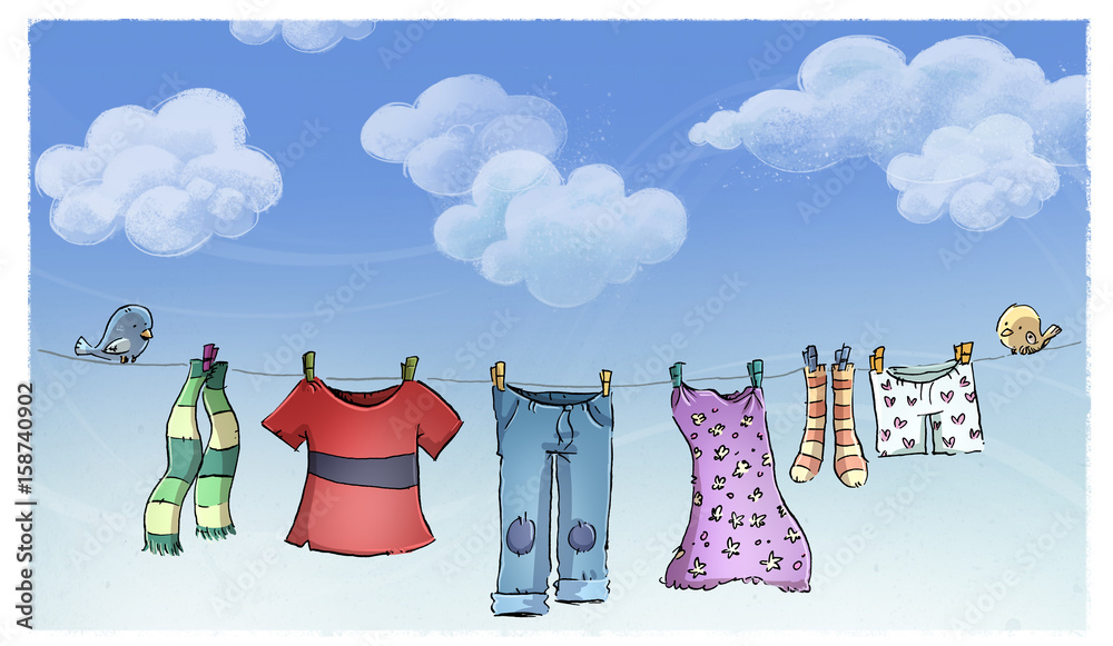 ropa tendida al aire libre Stock Illustration | Adobe Stock