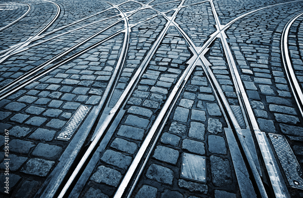 Obraz premium Tramway Tram on Stone Pavement