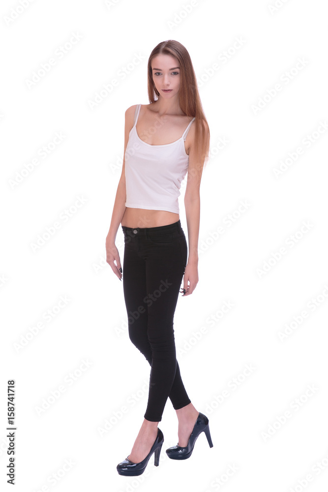 Very thin Young woman staying on white bacground Very thin Young woman staying on white bacground