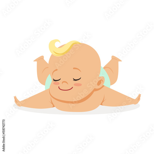Sweet little baby lying on his stomach, colorful cartoon character vector Illustration