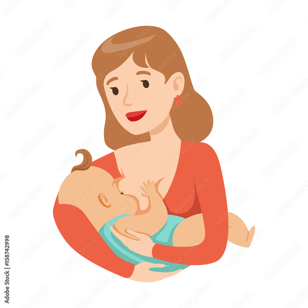 Young mother breastfeeding her baby with breast milk, colorful cartoon character vector Illustration Young mother breastfeeding her baby with breast milk, colorful cartoon character vector Illustration