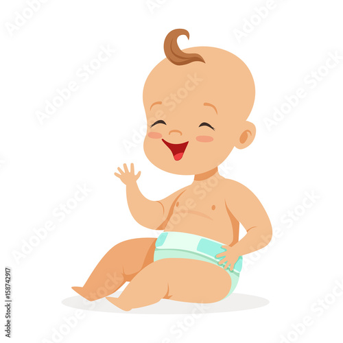 Sweet little baby in a diaper sitting and laughing, colorful cartoon character vector Illustration