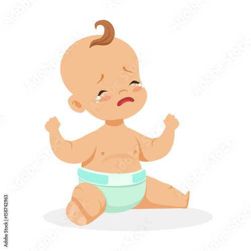 Adorable little baby sitting and crying, colorful cartoon character vector Illustration